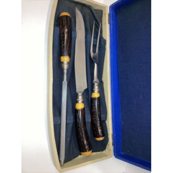 Vintage Washington Forge 3 Piece Carving Set Faux Antler Handles - Picture 2 of 7